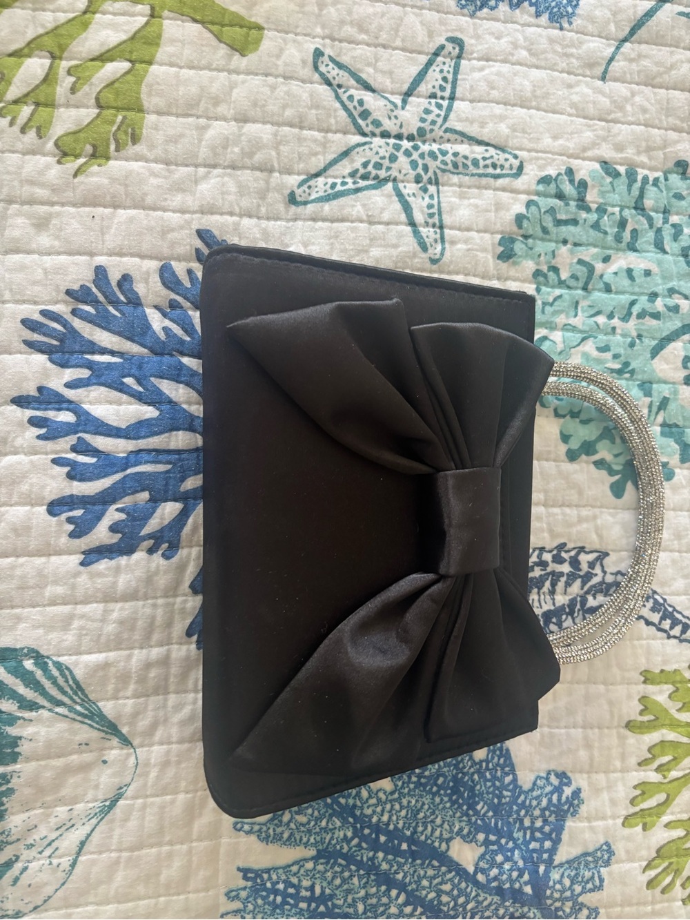 Black Satin Bow Clutch with Rhinestone Handle